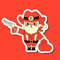 Aufkleber Santa claus Cowboy Vektor Illustration im retro Rille Stil auf rot Hintergrund. Sheriff im das wild Westen. Neu Jahre und Weihnachten Party 2024 im das Stil von Western.