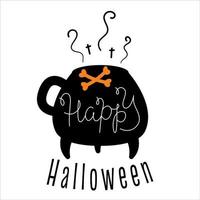 schwarze und orange Aufschrift glückliches Halloween mit einem Hexenkessel. Druck zum Ausschneiden für den traditionellen Halloween-Feiertag. Vektorillustration in einem einfachen Stil. vektor