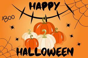 Vektorgrafik mit Banner für Halloween oder Einladung zur Party mit Spinnweben, Kürbissen und einem unheimlichen Mund auf orangefarbenem Hintergrund. Happy Halloween-Test, ein traditioneller Herbsturlaub. vektor