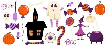 en uppsättning element för halloween isoleras på vit bakgrund. spöke, häxa, godis, läskigt hus, gryta för att dekorera inbjudningar och kort halloween. vektor illustration i tecknad stil
