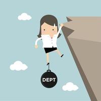 Geschäftsfrau bemüht sich, mit Schuldenlast auf der Klippe zu halten. vektor