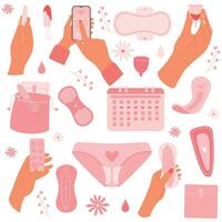 einstellen von Frauen Menstruation- Zyklus. Menstruation Thema. Zeitraum. verschiedene Menses Produkte. Null Abfall Objekte. vektor