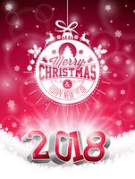 Vector Weihnachten und 2018 guten Rutsch ins Neue Jahr-Illustration auf glänzendem rotem Hintergrund mit Feiertags-Typografie-Element und Zahl 3d. Urlaub Design
