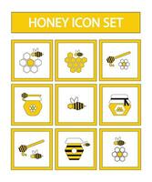 einstellen von Symbole auf das Thema von Honig und Bienenzucht - - Bienen, Blumen, Bienenstock, Gläser von Honig, Waben im Gelb Rahmen. eben Vektor Illustration im Gelb, Weiß und schwarz Farben