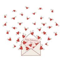 rot Herzen Symbol von Valentinstag Tag fliegen aus von ein Briefumschlag mit ein Botschaft. Vektor Illustration auf ein Weiß Hintergrund.