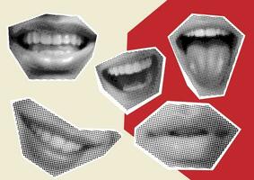 Clip Kunst einstellen Mund und Lippen, lächeln, Zunge, Punkte Punk y2k schwarz und Weiß Collage Elemente, auf farbig Hintergrund retro vektor