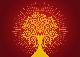 die Bodhi-Baum-Logo-Vorlage, Baum des Lebens-Konzept, heiliger Baum, Ficus religiosa, Vesak-Tages-Silhouette-Symbol, Symbol, das Buddhismus verwendet, Vektor isoliert auf rotem Hintergrund