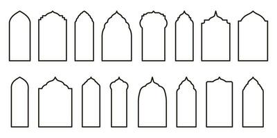 islamisch Vektor Umrisse Formen illustrieren Fenster und Tür Bögen. arabisch Frames einstellen mit Ramadan kareem Symbole. elegant Moschee Tor Illustrationen.