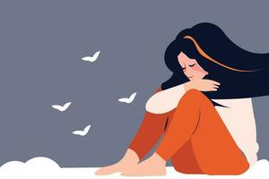 traurig einsam Frau im Depression mit fliegend Haar. jung unzufrieden Mädchen Sitzung und umarmen ihr Knie. deprimiert Teenager. bunt Vektor Illustration im eben Karikatur Stil