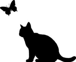 ein Kätzchen sitzt und sieht aus beim ein fliegend Schmetterling. schwarz Silhouette von ein Katze isoliert auf Weiß Hintergrund. ai generiert Illustration. vektor