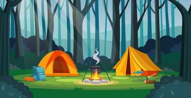 Sommer- Lager im Wald mit Lagerfeuer, Zelt, Rucksack. Karikatur Landschaft , Wald und Campingplatz. Ausrüstung zum Reise. Vektor Illustration im eben Stil