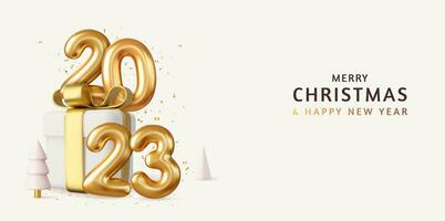 3d 2023 Lycklig ny år. realistisk gåva låda gyllene ballonger siffra. jul affisch, baner, omslag kort, broschyr, flygblad, layout design. 3d tolkning. vektor illustration