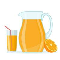 orange frukt juice i glas kanna och halv skiva orange. färsk citrus- frukt dryck med vitaminer. organisk produkt i karaff. sommar friska dryck. vektor illustration i platt stil
