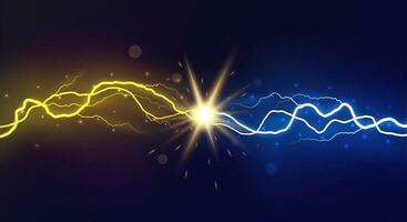 Blitz Kollision. mächtig farbig Blitze, elektrisch Kräfte Blitz Zusammenstoß elektrisch Energie funkelnd sprengen, Vektor gegen hell Design Konfrontation Konzept