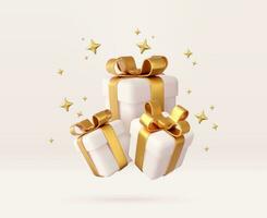 3d Weiß Geschenk Kisten mit golden Band und Bogen. Geburtstag Feier Konzept. fröhlich Neu Jahr und fröhlich Weihnachten Weiß Geschenk Kisten mit golden Verbeugungen. 3d Wiedergabe. Vektor Illustration