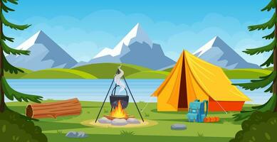 sommar läger i skog med bål, tält, ryggsäck . tecknad serie landskap med fjäll, skog och campingplats. Utrustning för resa, vandring. vektor illustration i platt stil