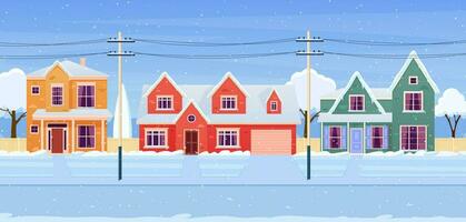 glücklich Neu Jahr und fröhlich Weihnachten Winter Stadt, Dorf Straße. Karikatur Winter Landschaft Straße mit Schnee auf Dächer. Vektor Illustration im eben Stil