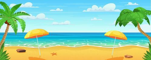 Meer Panorama. tropisch Strand. Meereslandschaft, Ferien Banner. Sommer auf das Strand. Karikatur Palmen und Pflanzen um. Vektor Illustration im eben Stil
