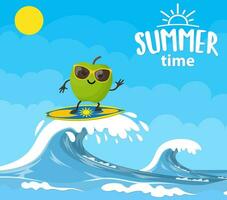 äpple tecken surfing på Vinka. högtider på de hav. strand aktiviteter. sommar tid. vektor illustration i platt stil