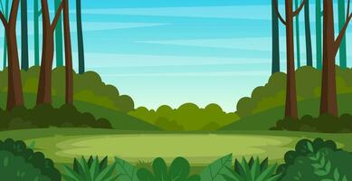 Karikatur Wald Hintergrund, Natur Landschaft mit laubabwerfend Bäume, Grün Gras, Gebüsch. Landschaft Sicht, Sommer- oder Frühling Holz. Vektor Illustration im eben Stil