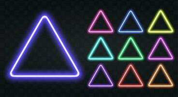 neon triangel gräns med kopia Plats. mallar uppsättning av neon ram. geometrisk glöd översikt form eller laser lysande rader. vektor illustration.