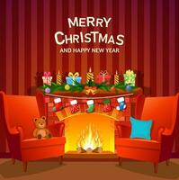 tecknad serie jul interiör med öppen spis, fåtöljer. glad jul och Lycklig ny år hälsning kort bakgrund affisch. vektor illustration