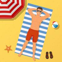 Mann auf das Strand. Sommer- Zeit. Mann tragen Lügen auf das Strand auf ein Weiß und Blau gestreift Handtuch. Kerl sich ausruhen durch Meer, entspannen, kühlen, Sonnenbräune. Sommer- Urlaub. Vektor Illustration im eben Stil
