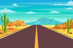 leeren Autobahn Straße im Wüste. sandig Wüste Landschaft mit Straße, Felsen und Kakteen. Sommer- Western amerikanisch Landschaft. Autobahn im Arizona oder Mexiko heiß Sand. Vektor Illustration im eben Stil