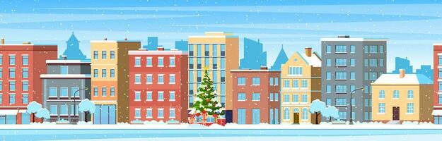 Lycklig ny år och glad jul vinter- stad gata. jul stad stad panorama. stad byggnad hus vinter- gata stadsbild bakgrund. vektor illustration i platt stil