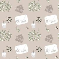 Weihnachten nahtlose Muster mit Umschlag, Omela, Kerze, Kekse. Vektor handgezeichneter Hintergrund im einfachen skandinavischen Stil. Pastellpalette