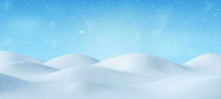 3d naturlig vinter- jul och ny år bakgrund med blå himmel, snöfall, snöflingor, snödrivor. vinter- landskap med faller jul lysande skön snö. vektor illustration