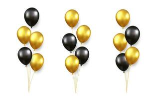 uppsättning av festlig buketter av guld, svart ballonger isolerat på vit bakgrund. Färg glansig flygande balong, band, födelsedag fira, överraskning. 3d tolkning. vektor illustration