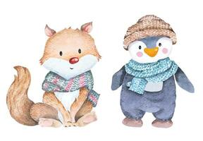 tecknad serie pingvin, räv i hatt och halsduk.för vinter- ny år dag och jul.söt djur. vektor
