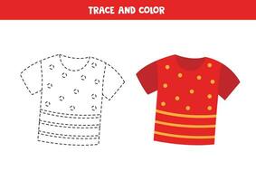 spår och Färg tecknad serie röd t skjorta. kalkylblad för barn. vektor