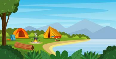 Sommer- Lager mit Lagerfeuer, Zelt, Rucksack . Karikatur Landschaft mit Berg, Wald und Campingplatz. Ausrüstung zum reisen, wandern. Vektor Illustration im eben Stil
