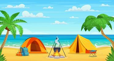 sommartid på de strand. tecknad serie turist tält camping på de tropisk strand. sommar semester på hav kust. vektor illustration i platt stil