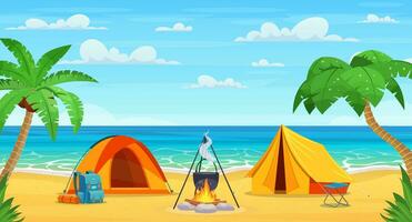 Sommer auf das Strand. Karikatur Tourist Zelt Camping auf das tropisch Strand. Sommer- Ferien auf Meer Küste. Vektor Illustration im eben Stil
