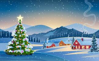 vinter- snö landskap och hus med jul träd. begrepp för hälsning eller post kort. vinter- snö landskap och hus med snöflingor faller från himmel. vektor illustration.