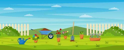 Garten mit Grün Gras, Blumen, Garten Schubkarre, Schaufel. Garten Konzept. Banner mit Frühling oder Sommer- Landschaft. Vektor Illustration im eben Design