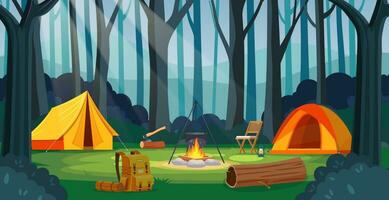 Sommer- Lager im Wald mit Lagerfeuer, Zelt, Rucksack. Karikatur Landschaft , Wald und Campingplatz. Ausrüstung zum Reise. Vektor Illustration im eben Stil