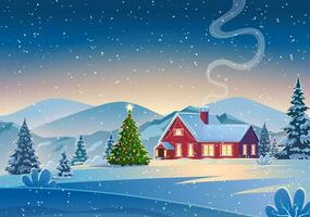 en hus i en snöig jul landskap på natt. jul träd. begrepp för hälsning eller post kort vektor