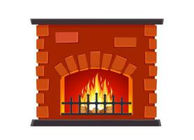 tecknad serie vinter- interiör bål. klassisk öppen spis tillverkad av röd tegelstenar, ljus brinnande flamma och pyrande loggar inuti. Hem öppen spis för bekvämlighet och avslappning. vektor illustration i platt stil