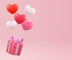 valentine s dag begrepp. 3d hjärta varm luft flygande med gåva låda på rosa bakgrund. kärlek begrepp för Lycklig mor s dag, valentine s dag, födelsedag dag. vektor illustration