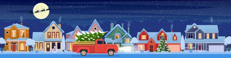 Wohn Häuser mit Weihnachten Dekoration beim Nacht. Weihnachten Landschaft Karte Design von retro Auto mit Geschenkbox auf das oben. Hintergrund mit Mond und das Santa Klaus. Vektor Illustration