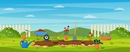 Garten mit Grün Gras, Blumen, Garten Schubkarre, Schaufel. Garten Konzept. Banner mit Frühling oder Sommer- Landschaft. Vektor Illustration im eben Design