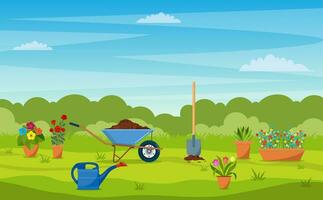 Garten mit Grün Gras, Blumen, Garten Schubkarre, Schaufel. Garten Konzept. Banner mit Frühling oder Sommer- Landschaft. Vektor Illustration im eben Design