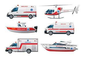 einstellen von Krankenwagen Notfall Fahrzeuge. offiziell Notfall Bedienung Fahrzeuge Seite Aussicht Vektor Illustration