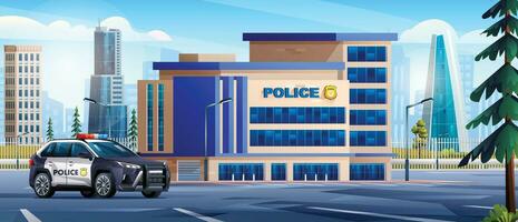 polis station byggnad med patrullera bil och stad landskap. polis avdelning kontor. stadsbild bakgrund vektor tecknad serie illustration