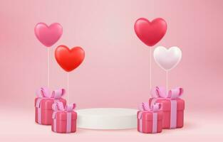 3d falsk upp skede podium dekorerad med hjärta form ballonger och med gåva låda. bakgrund för födelsedag, årsdag, försäljning, bröllop. webb baner. valentine begrepp. vektor illustration