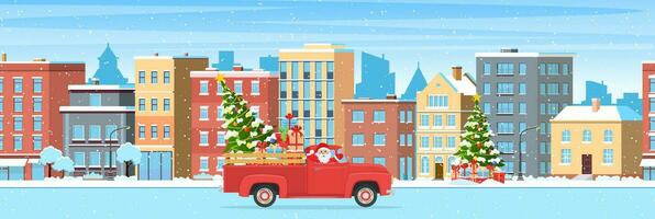 glücklich Neu Jahr und fröhlich Weihnachten Winter Stadt, Dorf Straße. Weihnachten Landschaft Karte Design von retro Auto mit Geschenkbox und Weihnachten Baum auf das oben. Vektor Illustration